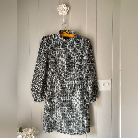 Black And White Tweed Retro Vintage Style Dress With Lantern Sleeves NWT Large - Picture 3 of 10